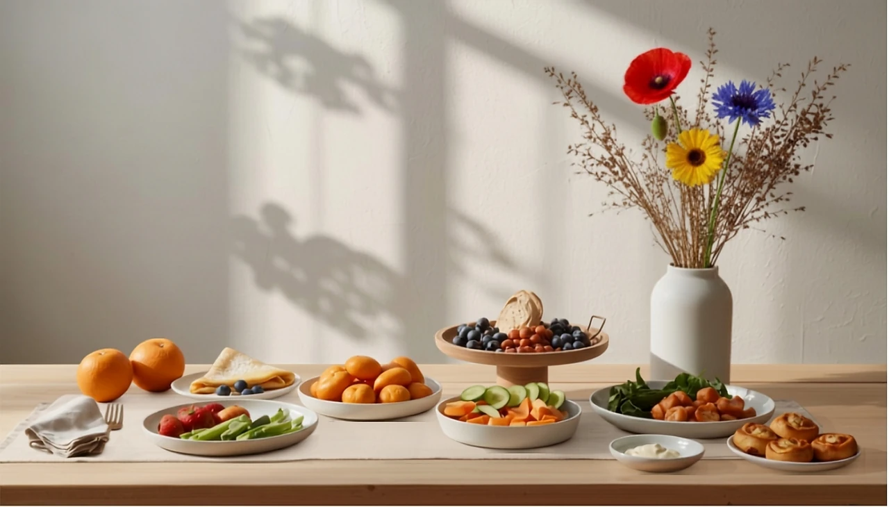 Gedeckter Tisch mit frischen Früchten, Gemüse und Sommerblumen in heller Vase