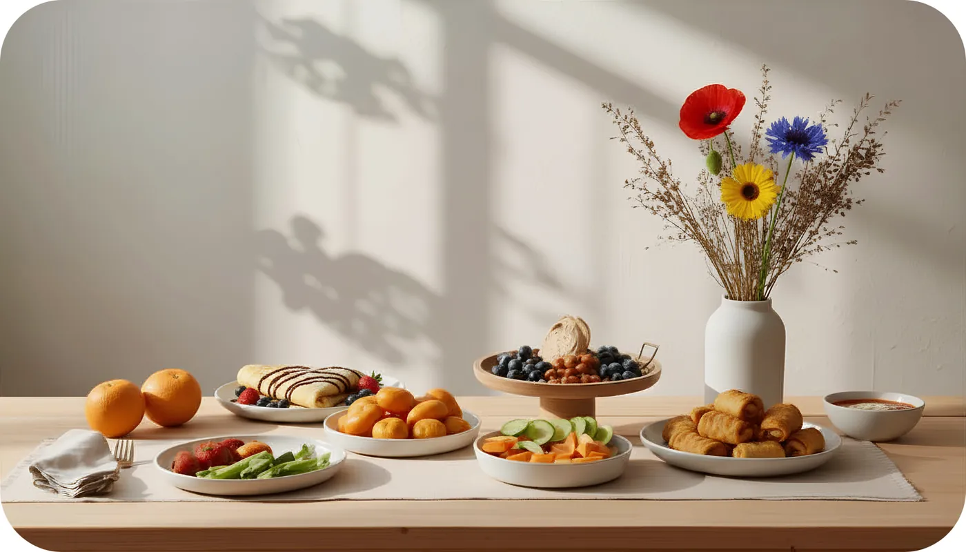 Vielfältige Speisen und Wildblumen auf einem hellen Holztisch